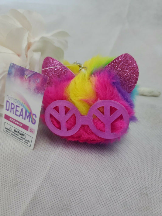 Rainbow Fluffy Kitten Fur Pom Pom Keychain Faux Furlike Ball Car Keyring