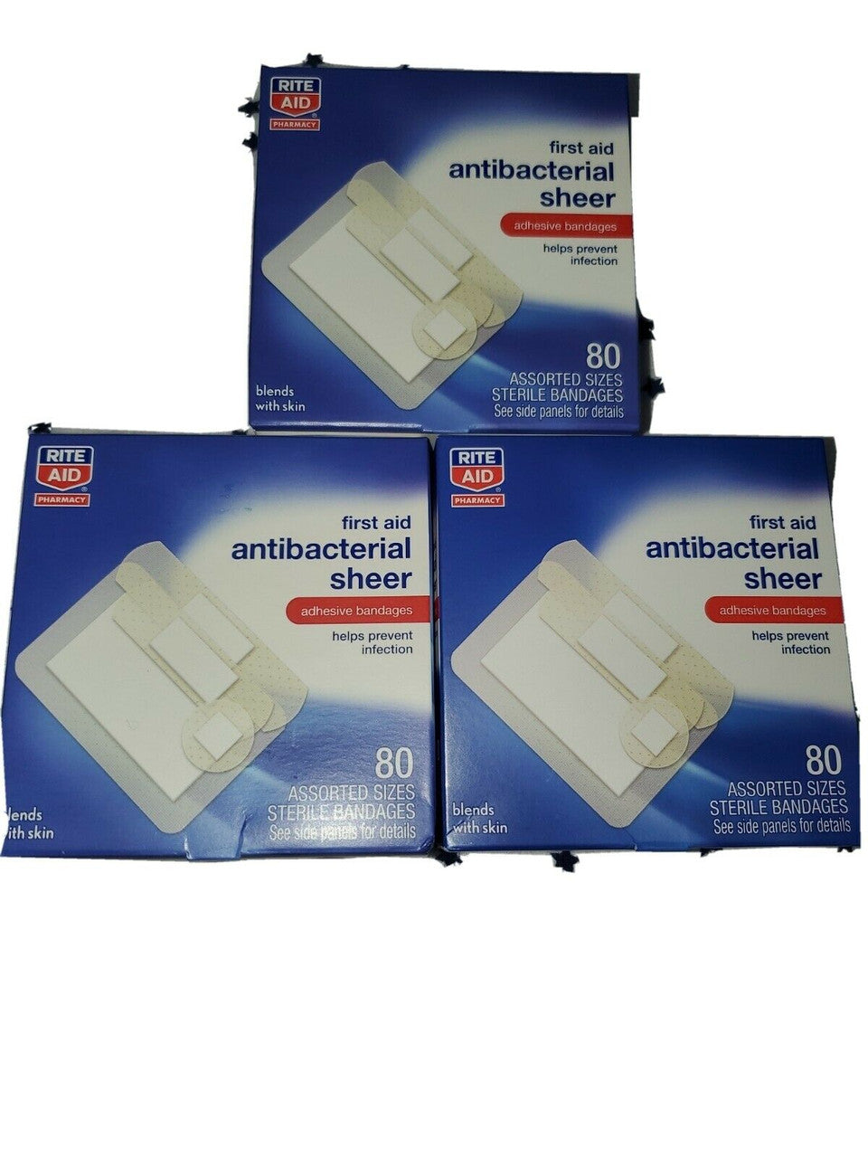 First Aid Antibacterial Sheer, Lot of 3 , 240 Assorted Sizes Sterile Bandages