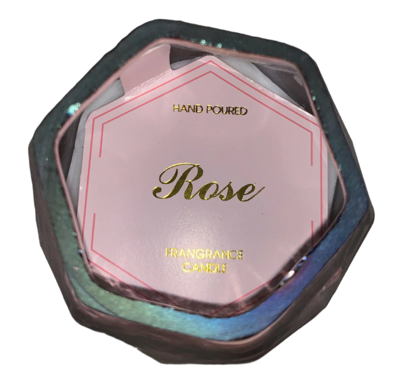Hand poured rose-scented candle in a 9oz faceted glass jar by Love In The Air