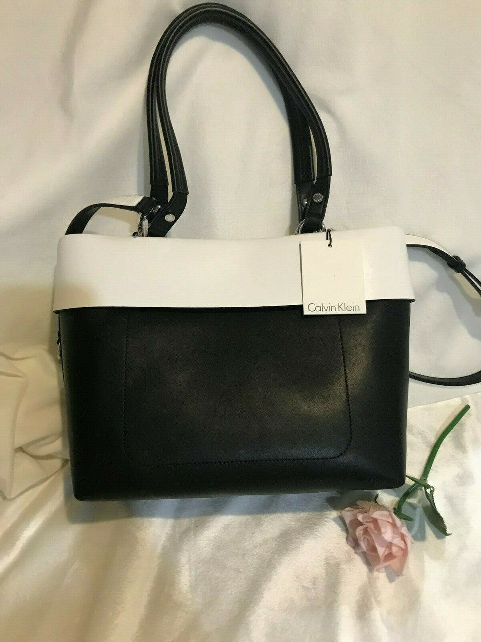 Calvin Klein Patty Faux Leather East / West Tote Fashion Bag Black White Travel