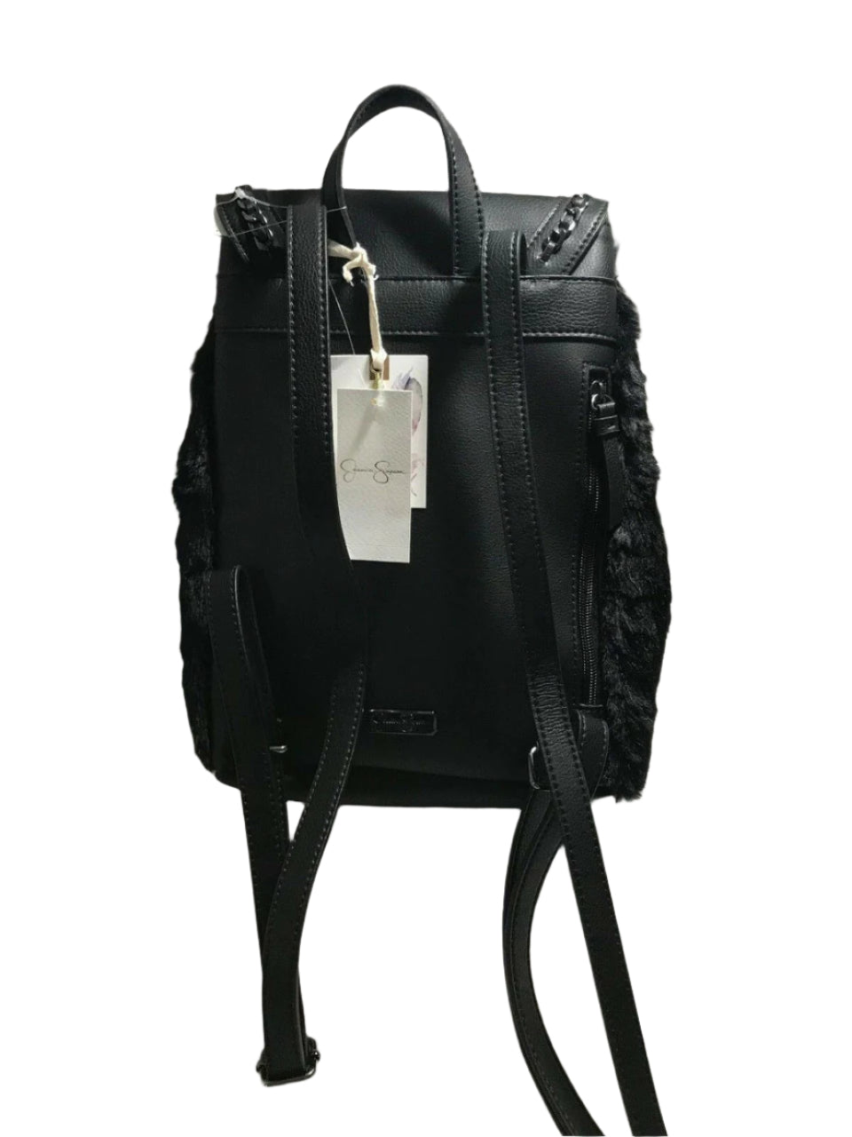 Jessica Simpson Kaelo black drawstring backpack with faux fur body and braided faux leather flap