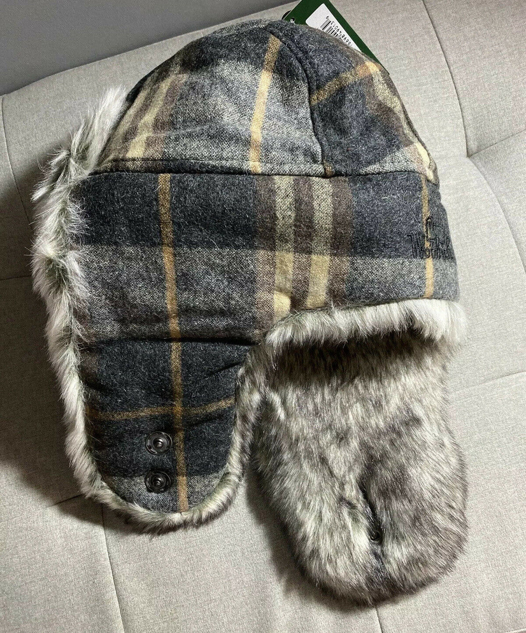 WOOLRICH WOOL BOMBER AVIATOR TRAPPER HAT MEDIUM grey tan red PLAID