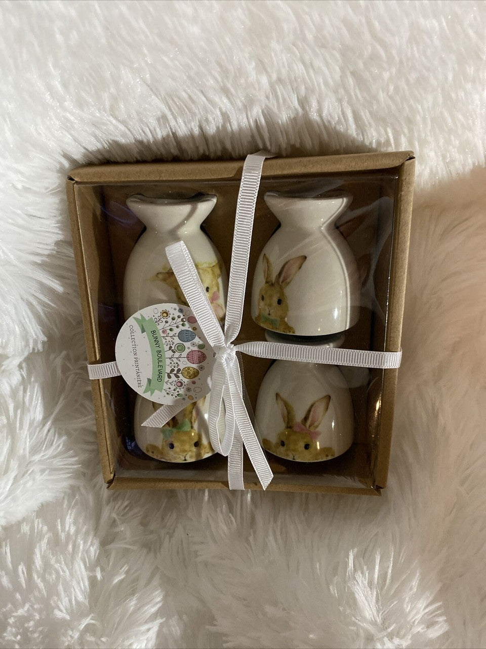 Bunny Boulevard Egg Cups Spring Collection (Set of 4) Easter Bunnies Wearing Bow