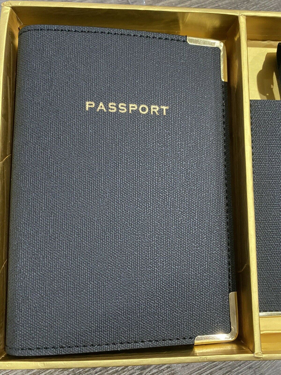 Eccolo Passport Cover Book  & Luggage Tag Set in box BLACK GOLD Great Quality