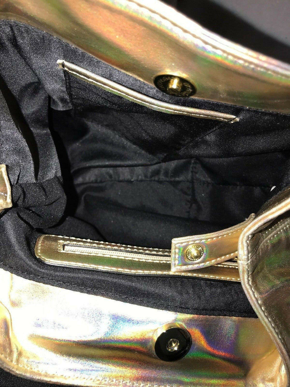 Madden Girl MG-3115 gold metallic faux leather backpack with front buckle and drawstring