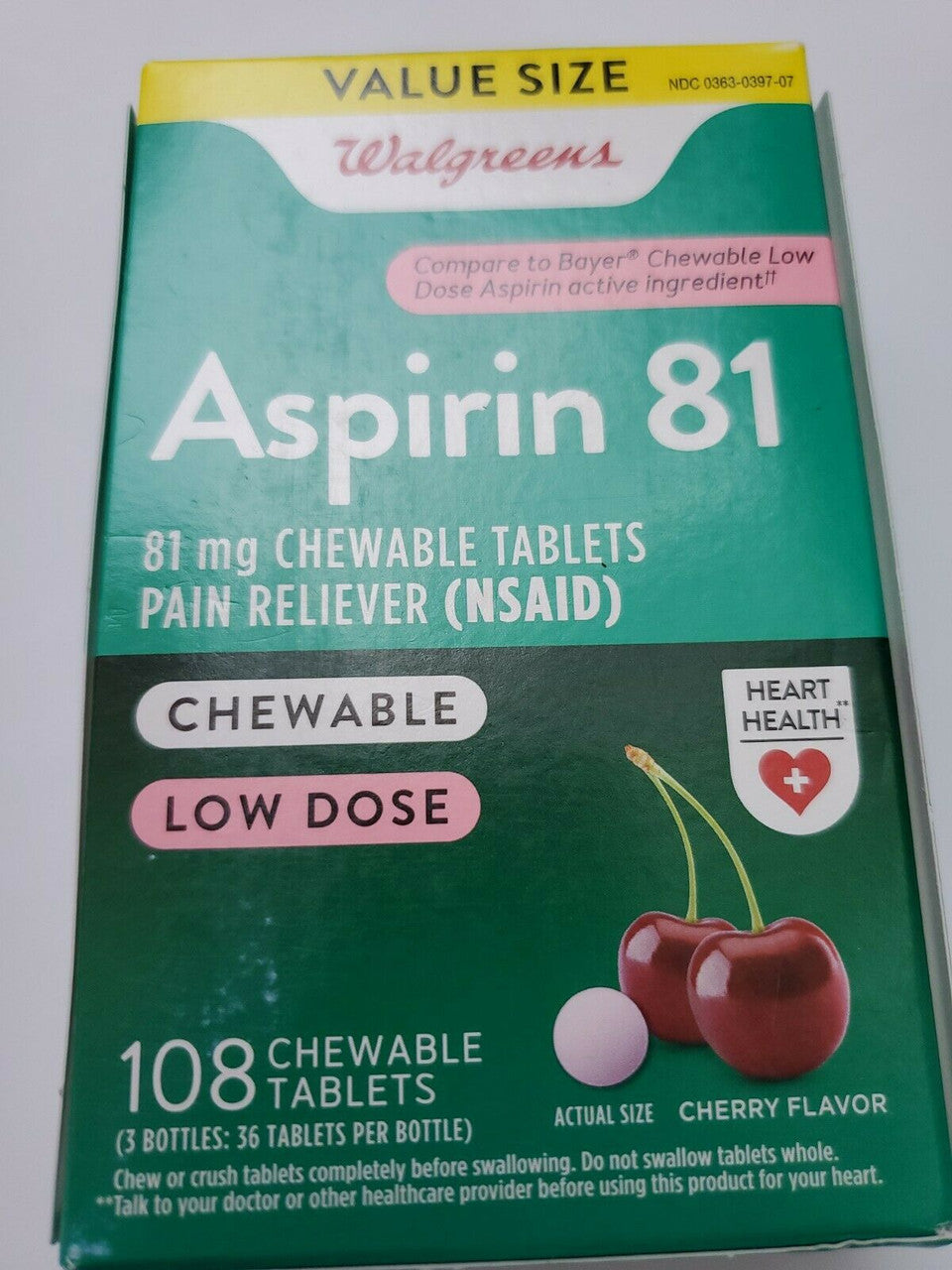 Walgreens Value Size Aspirin 81 mg NSAID Chewable Cherry Flavor Exp 2023