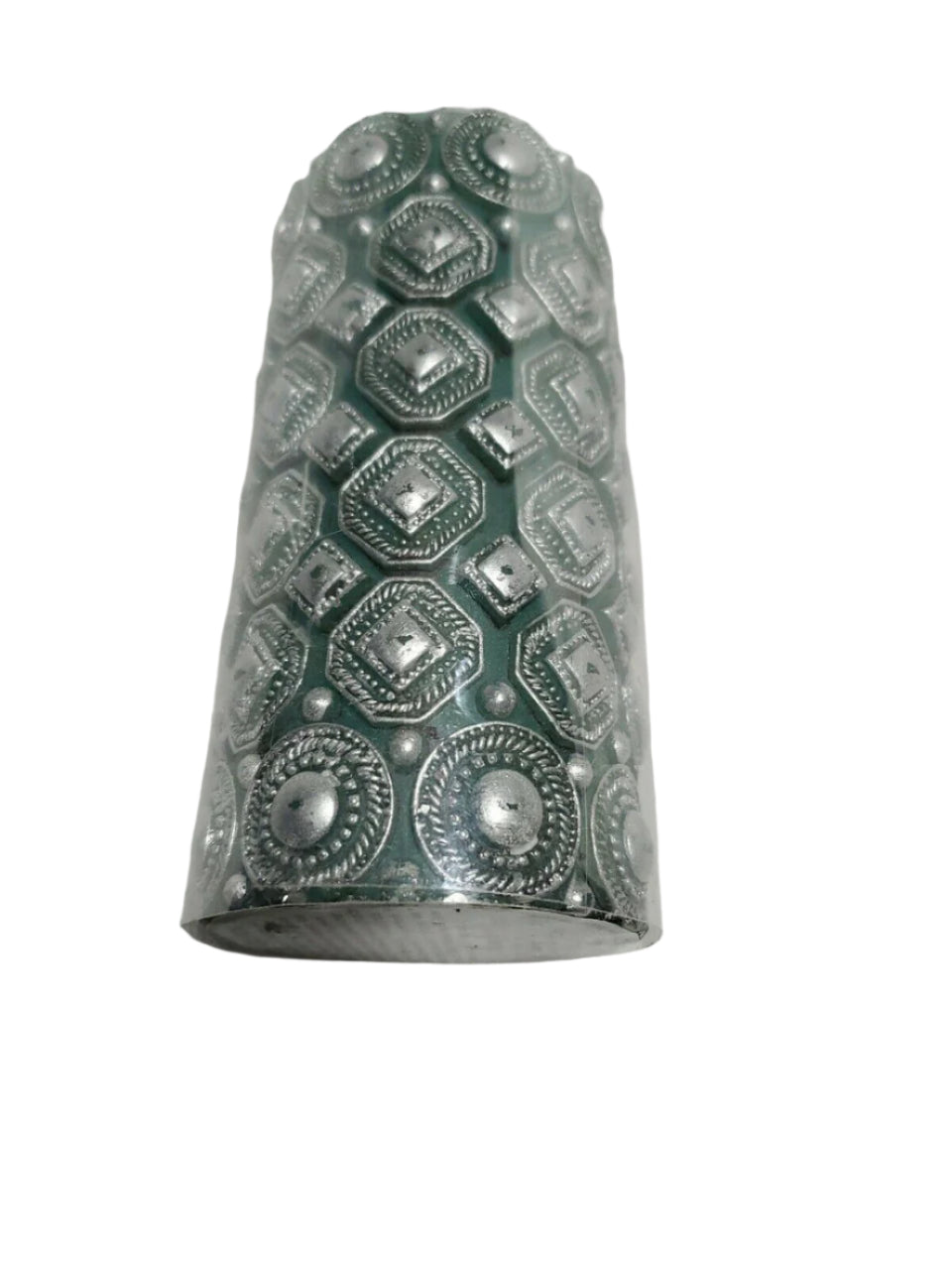 Blue 6" pillar candle with raised ornamental texture, unscented and cylindrical in shape, ideal for decor.