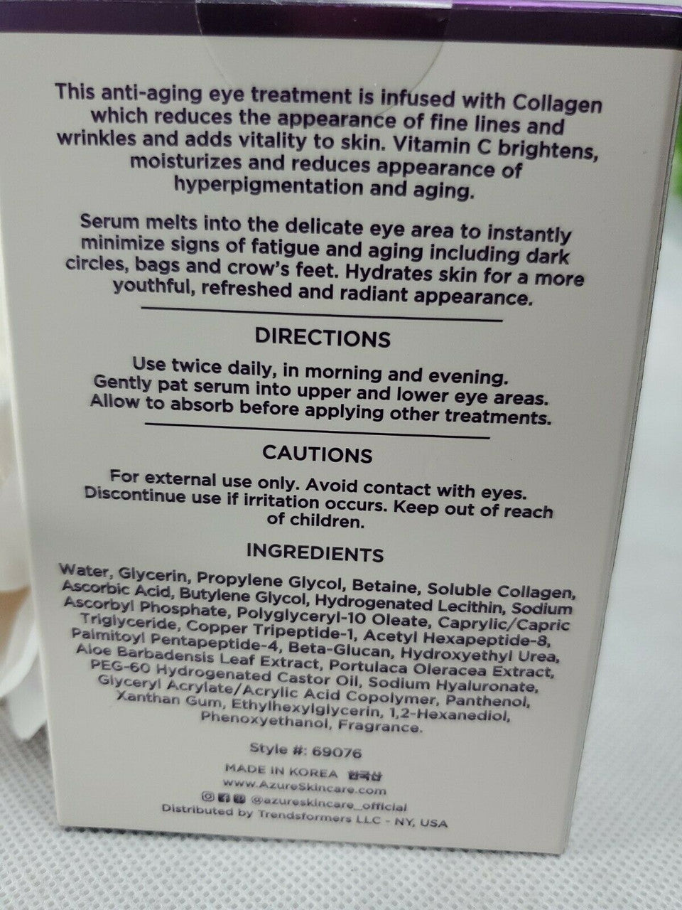 Azure Collagen & Vitamin C Anti-Aging Eye Serum 1.0 Fl oz NO WRINKLES