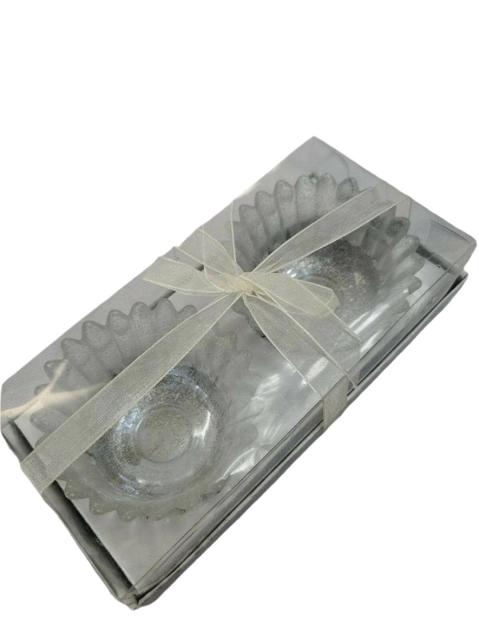 Set of 2 clear glass LUMINESCENCE candle holders with ridged design and ribbon wrap, 3.25 inches each.