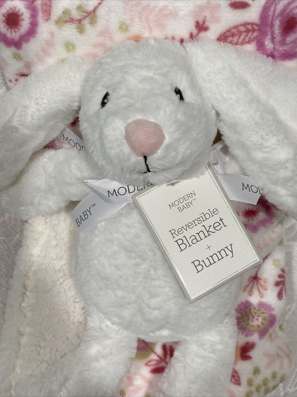 Modern baby reversible blanket W Plush Bunny White Pink 30” X 36”