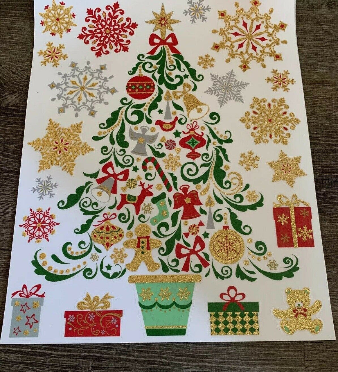 Red Green Gold Window Clings Tree Bear Snowflakes Decor Xmas Stickers Decals