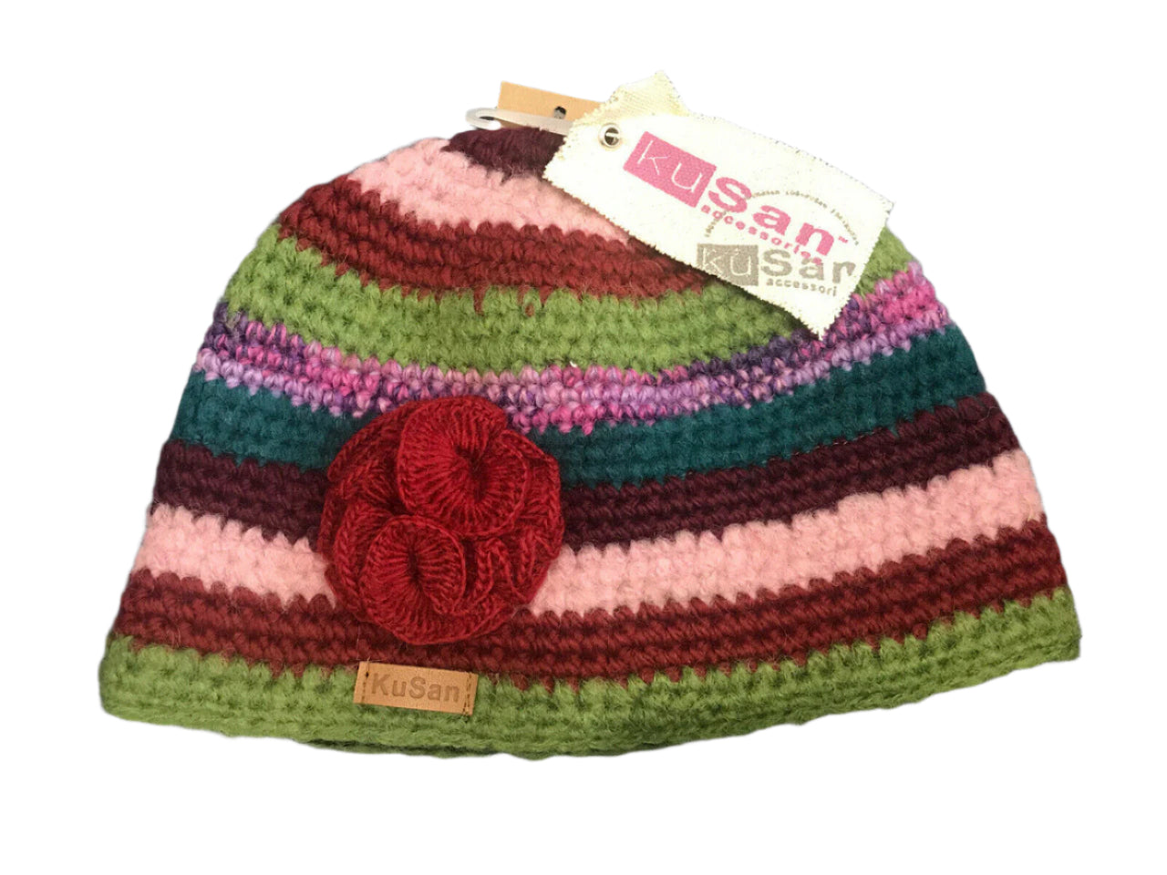 Handmade multicolor striped crochet wool beanie with bold red flower and fleece lining for winter warmth