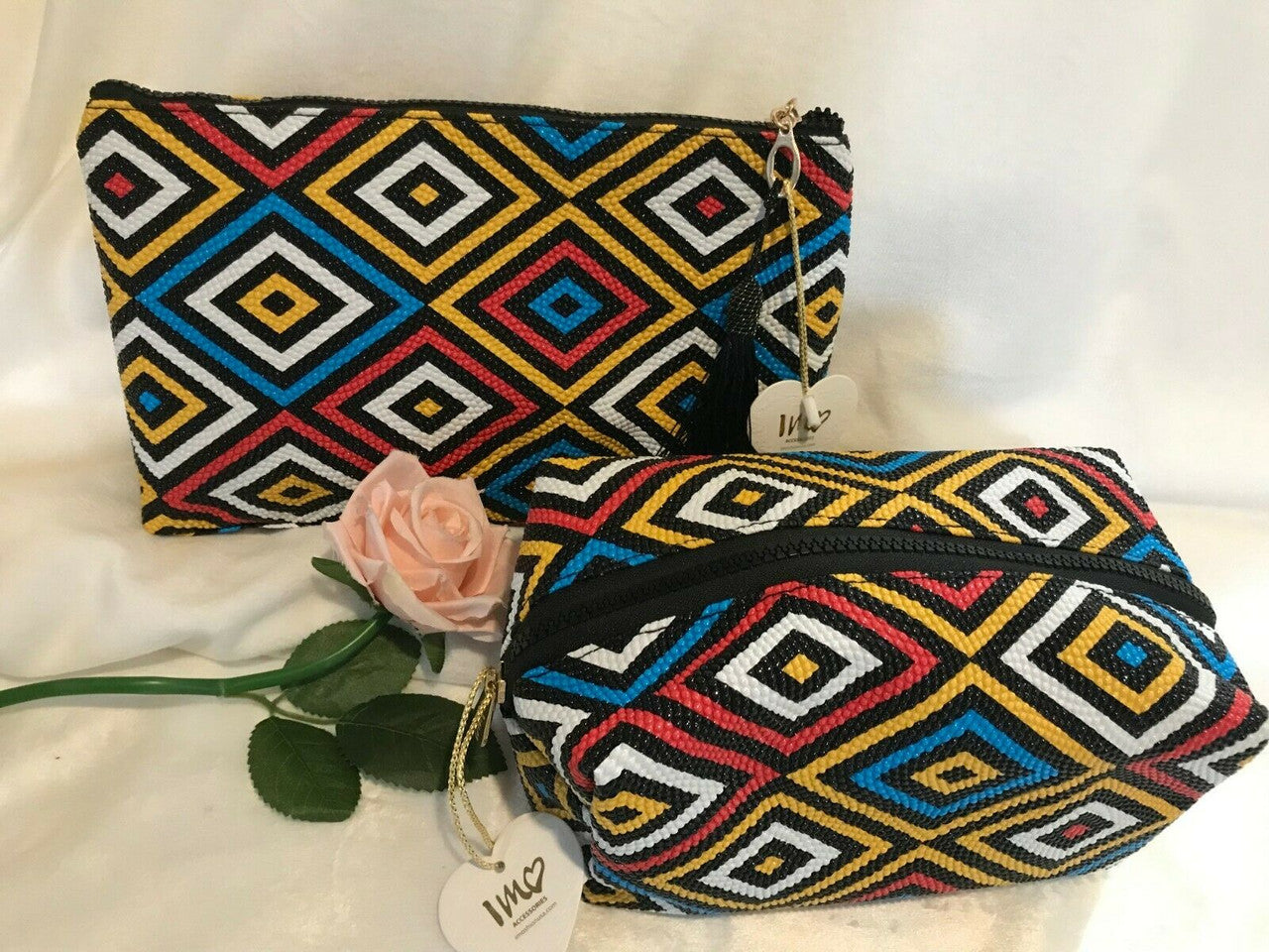 Set Of 2 IMO Imoshion Cosmetic Makeup Bag Multi-Color Black Zipper With Gold