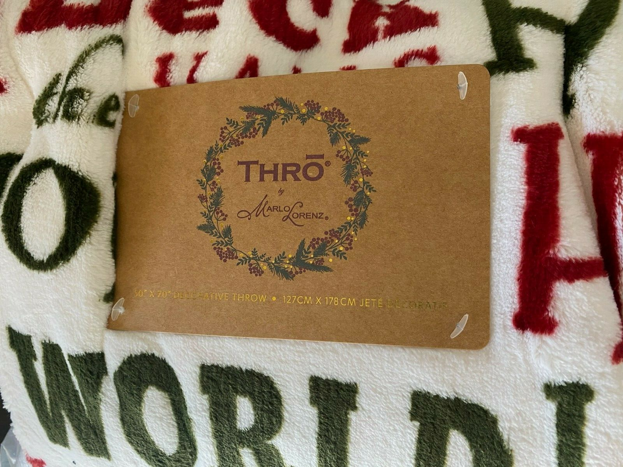 Holiday words soft fleece throw blanket, 50 x 70 inches, red green and white Christmas typography pattern by THRO Marlo Lorenz