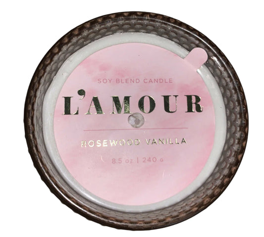 L’amour Rosewood Vanilla soy blend candle in a decorative glass jar with gold lid – 8.5 oz
