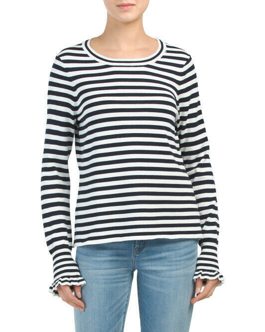 ADRIANNA PAPELL Striped Long Sleeve Ruffle Cuff Sweater Size M