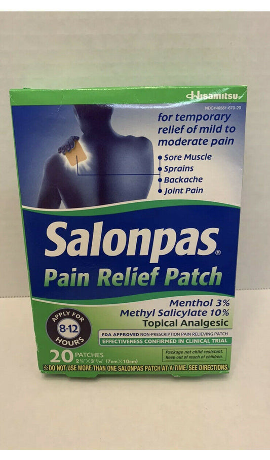Salonpas • Pain Relief patches Minty Topical Back Ache 20 PATCHES • EXP: 08/2023