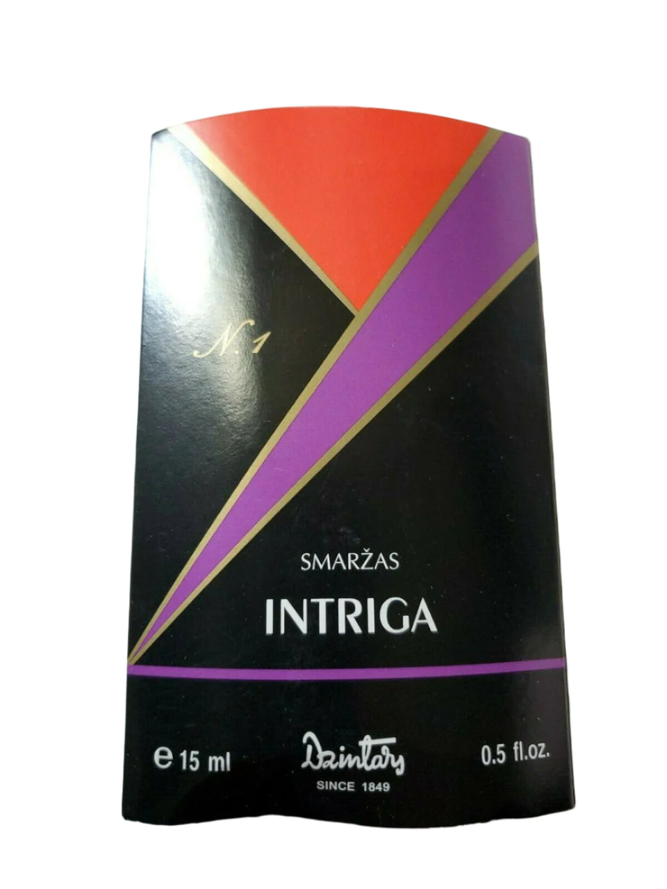 Dzintars Intriga Eau de Parfum 15 ml with vibrant black, orange, and purple packaging, shown with box and bottle details