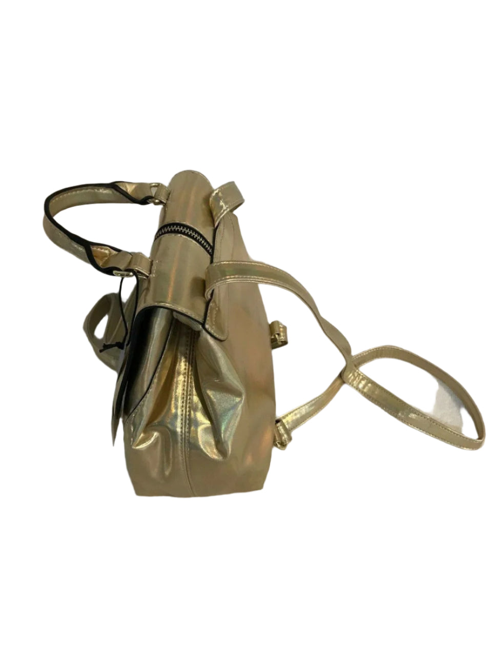 Madden Girl MG-3115 gold metallic faux leather backpack with front buckle and drawstring