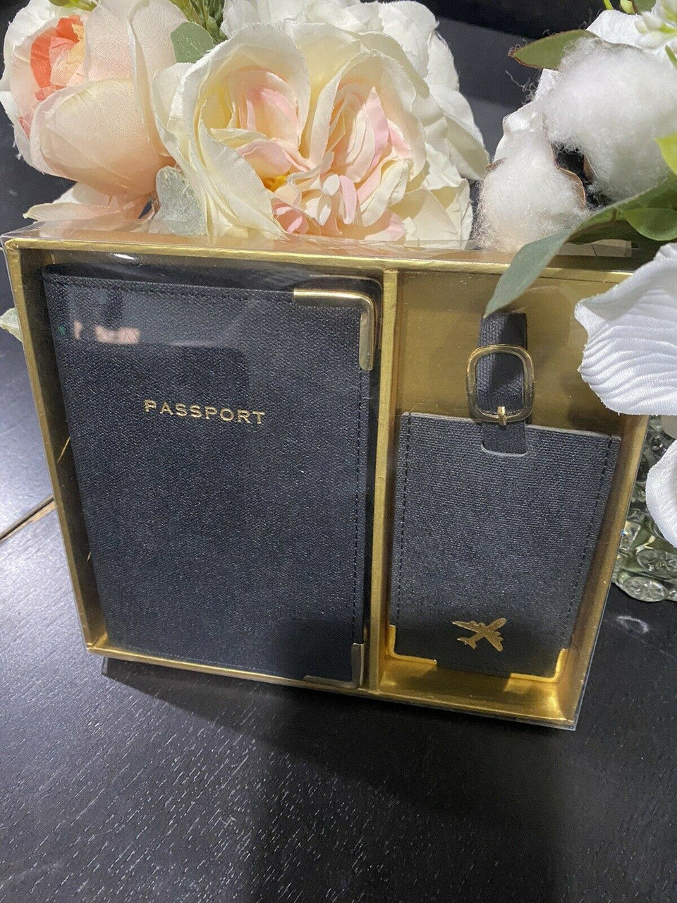 Eccolo Passport Cover Book  & Luggage Tag Set in box BLACK GOLD Great Quality