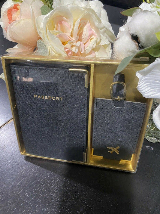 Eccolo Passport Cover Book  & Luggage Tag Set in box BLACK GOLD Great Quality