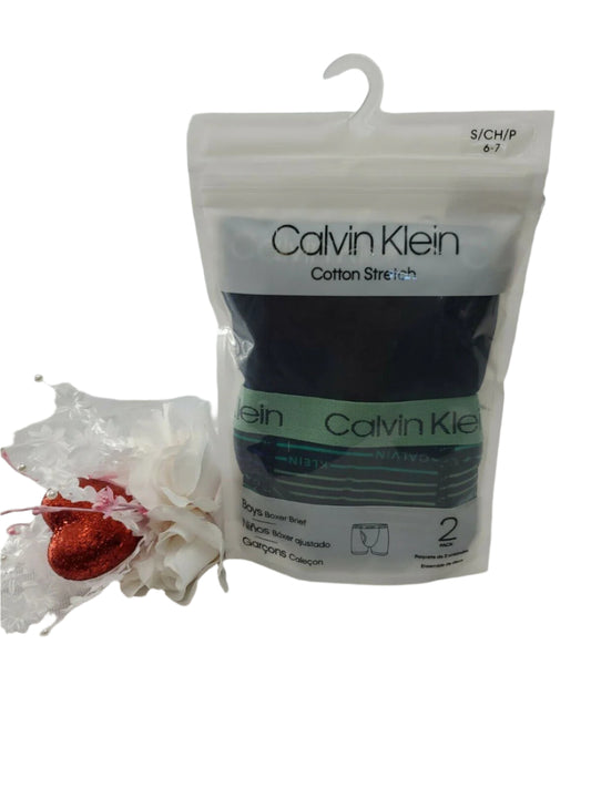 Calvin Klein boy’s boxer briefs, 2-pack cotton stretch underwear in size S (6-7), black/navy and stripe, shown in original packaging.