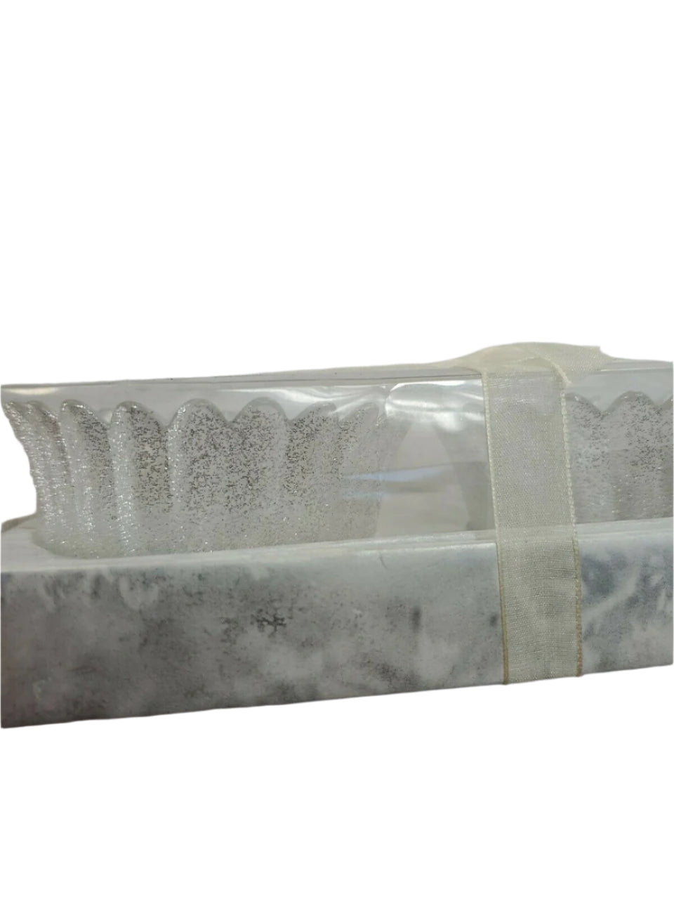 Set of 2 clear glass LUMINESCENCE candle holders with ridged design and ribbon wrap, 3.25 inches each.