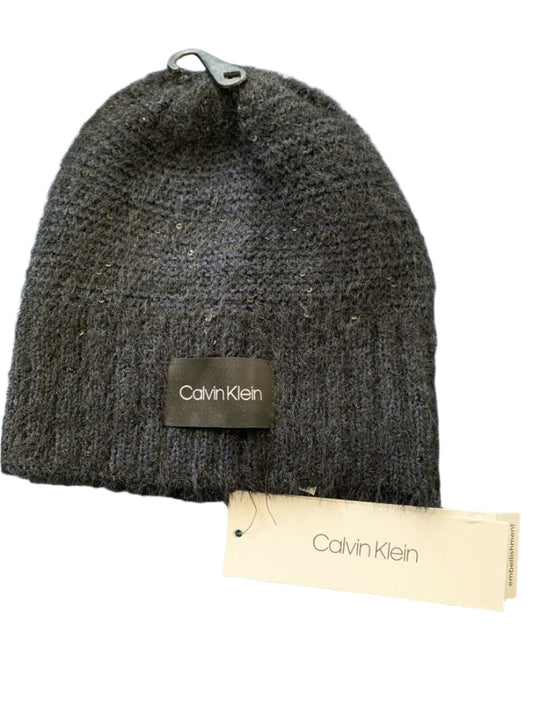 Calvin Klein navy blue ribbed knit beanie with logo tag and original price tag attached