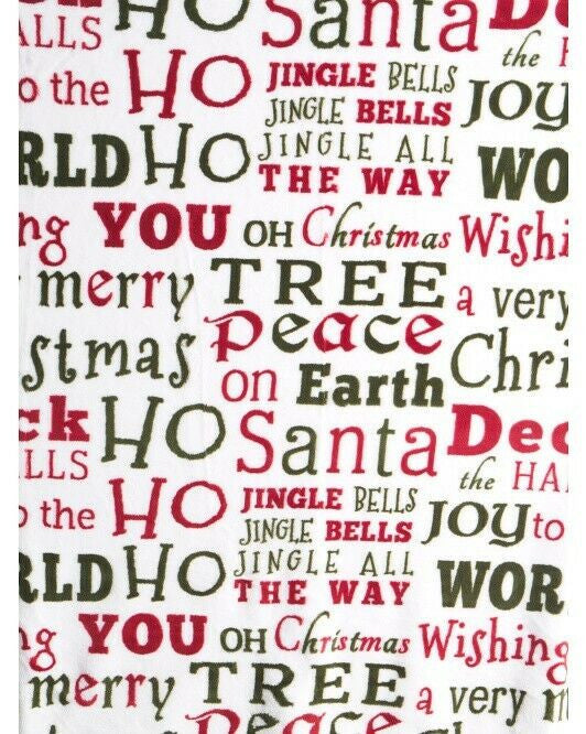Holiday words soft fleece throw blanket, 50 x 70 inches, red green and white Christmas typography pattern by THRO Marlo Lorenz