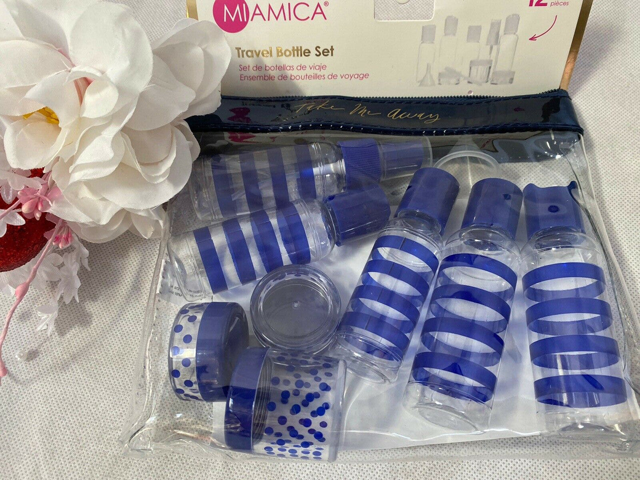 MIAMICA Take me away Travel Bottle Set Case 12 Containers TSA Approved BLUE