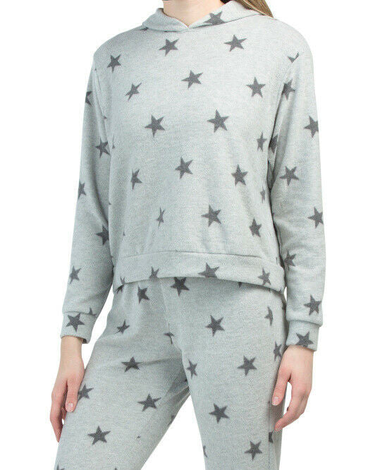 OLIVIA & VIVIANN Brushed Hacci Cozy Star Print Hoodie Size L Grey