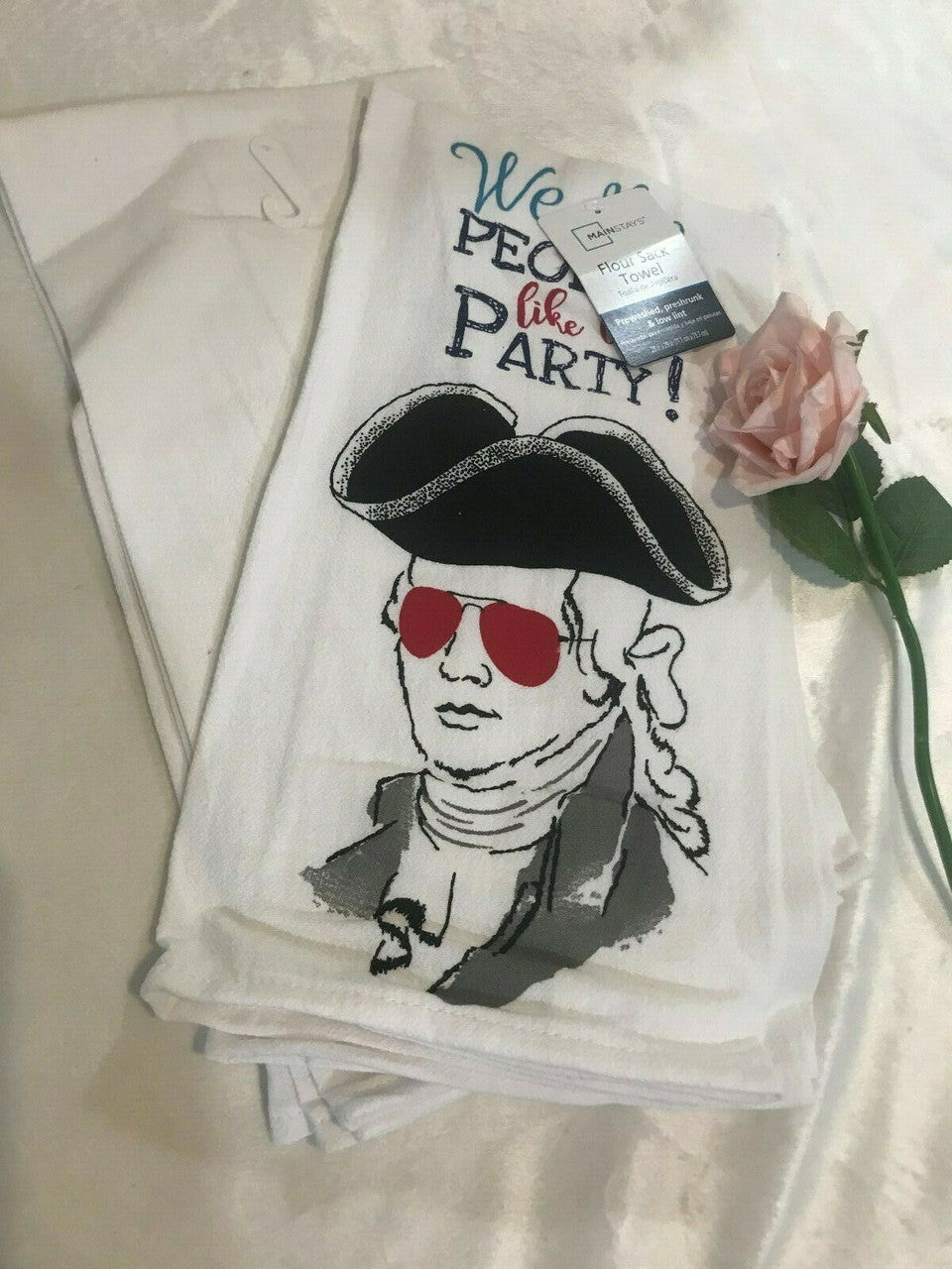 2 pc Flour sack kitchen towels Mainstays cotton WE THE PEOPLE LIKE TO PARTY !