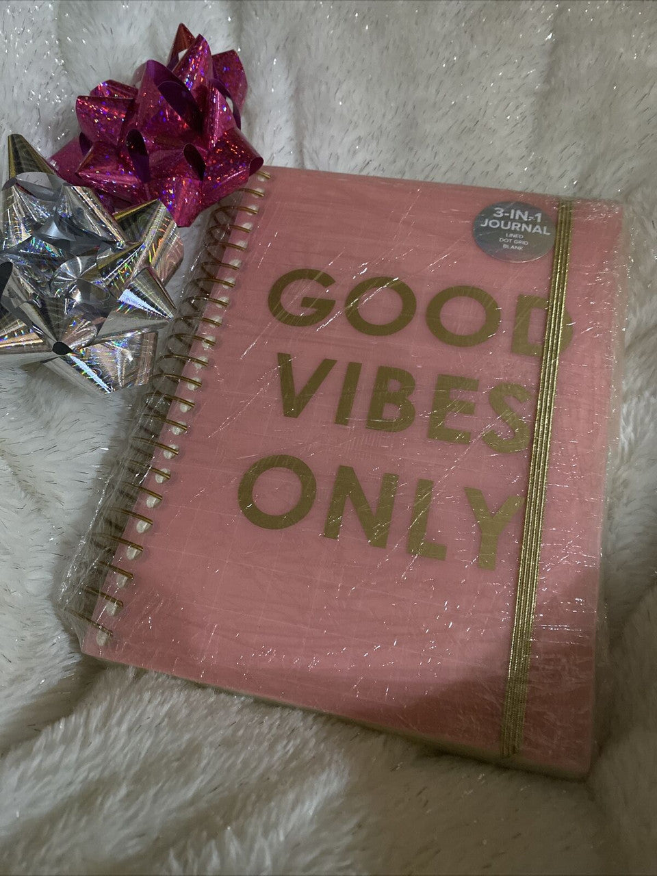 3 In 1 Journal Diary GOOD VIBES ONLY 480 Pages Pink Gold Spiral