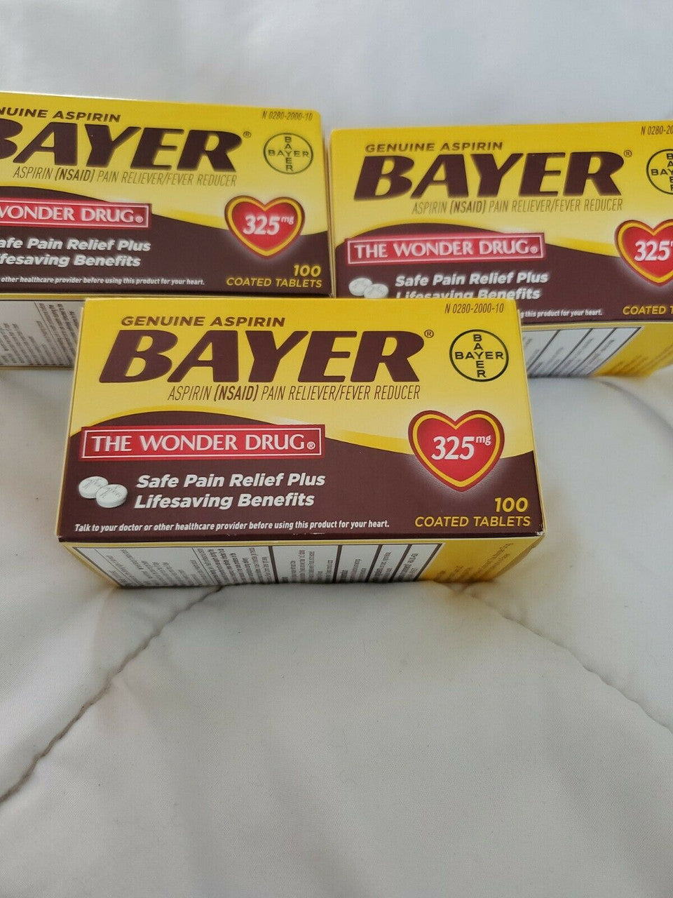Genuine Bayer Aspirin Pain Reliever/Fever  325mg Coated Tablet 100 CT 3 pack Exp 10/22