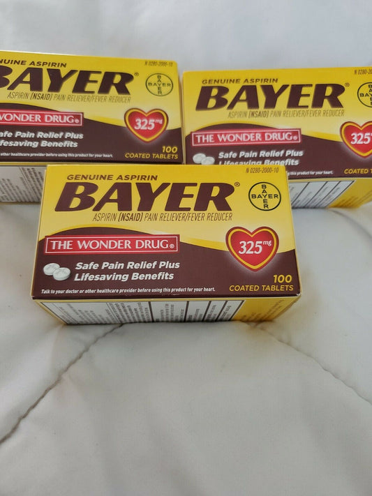 Genuine Bayer Aspirin Pain Reliever/Fever  325mg Coated Tablet 100 CT 3 pack Exp 10/22