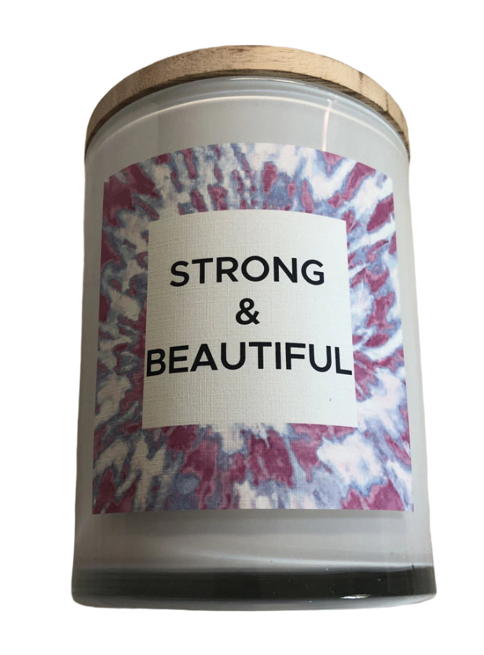 Red Leaf Home "Strong & Beautiful" 2-wick grapefruit-scented candle in tie-dye glass jar with wood lid, 15.5 oz.