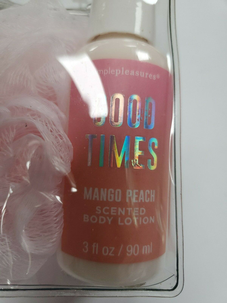 Simple Pleasures scented shower gel body lotion and bath pouf set