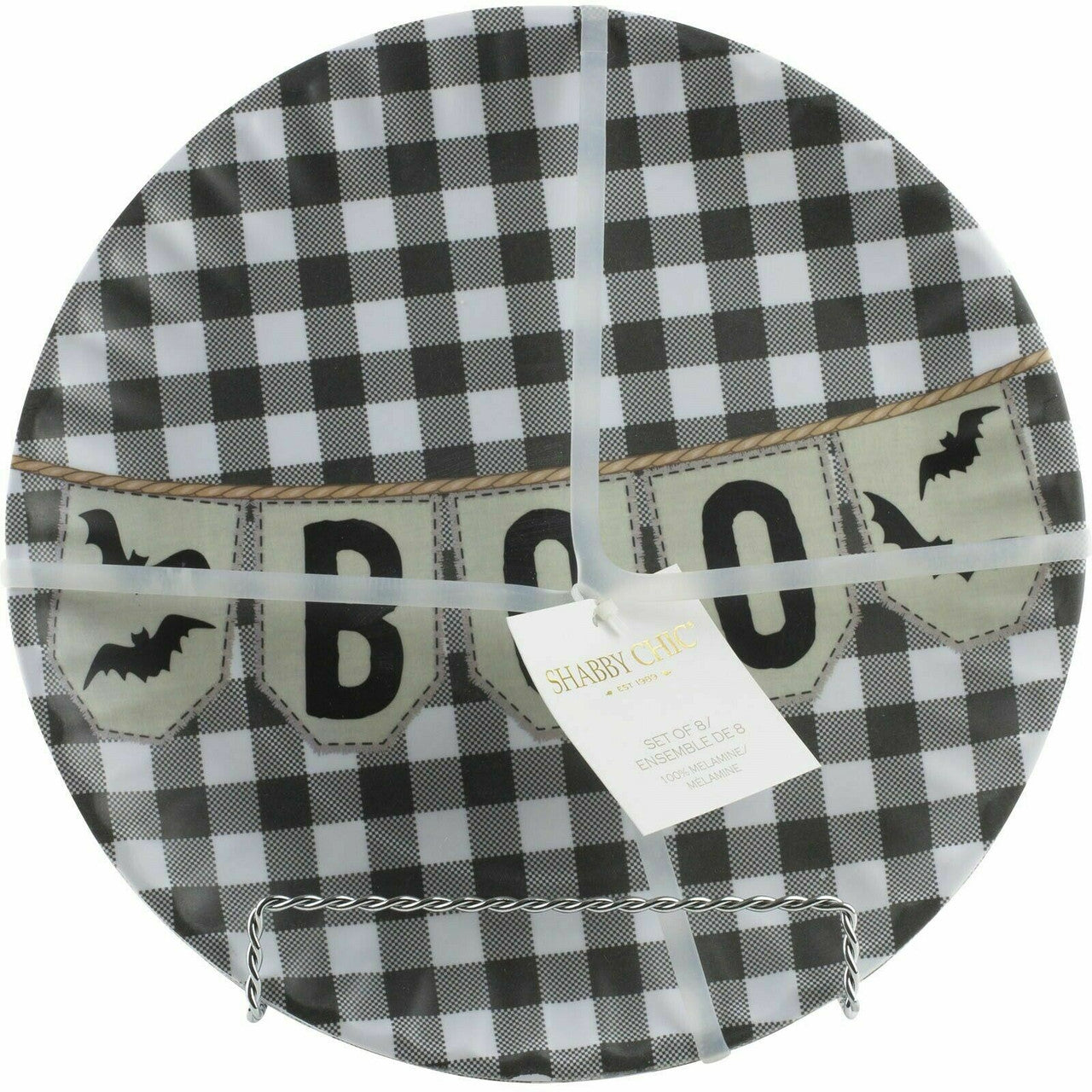 Shabby Chic Halloween Boo Bats Buffalo Check Black Dinner Plates Melamine Set 8