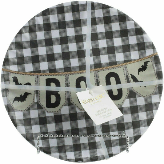 Shabby Chic Halloween Boo Bats Buffalo Check Black Dinner Plates Melamine Set 8