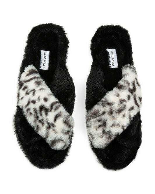 AEROSOLES Faux Fur Leopard Criss Cross Slides S