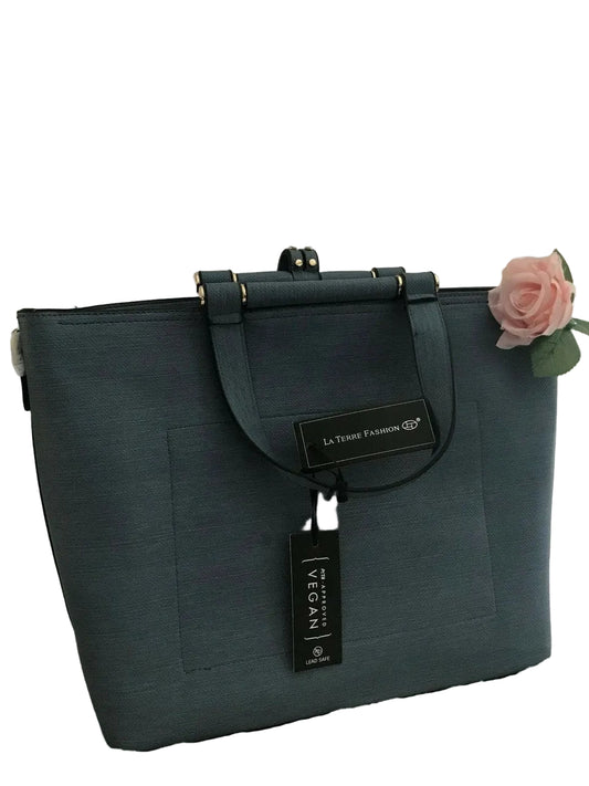 A set of three blue vegan leather bags with a tag showing the brand 'La Terre Fashion'. The image displays the largest bag in the set with a textured surface, gold-colored studs, and a handle detail.