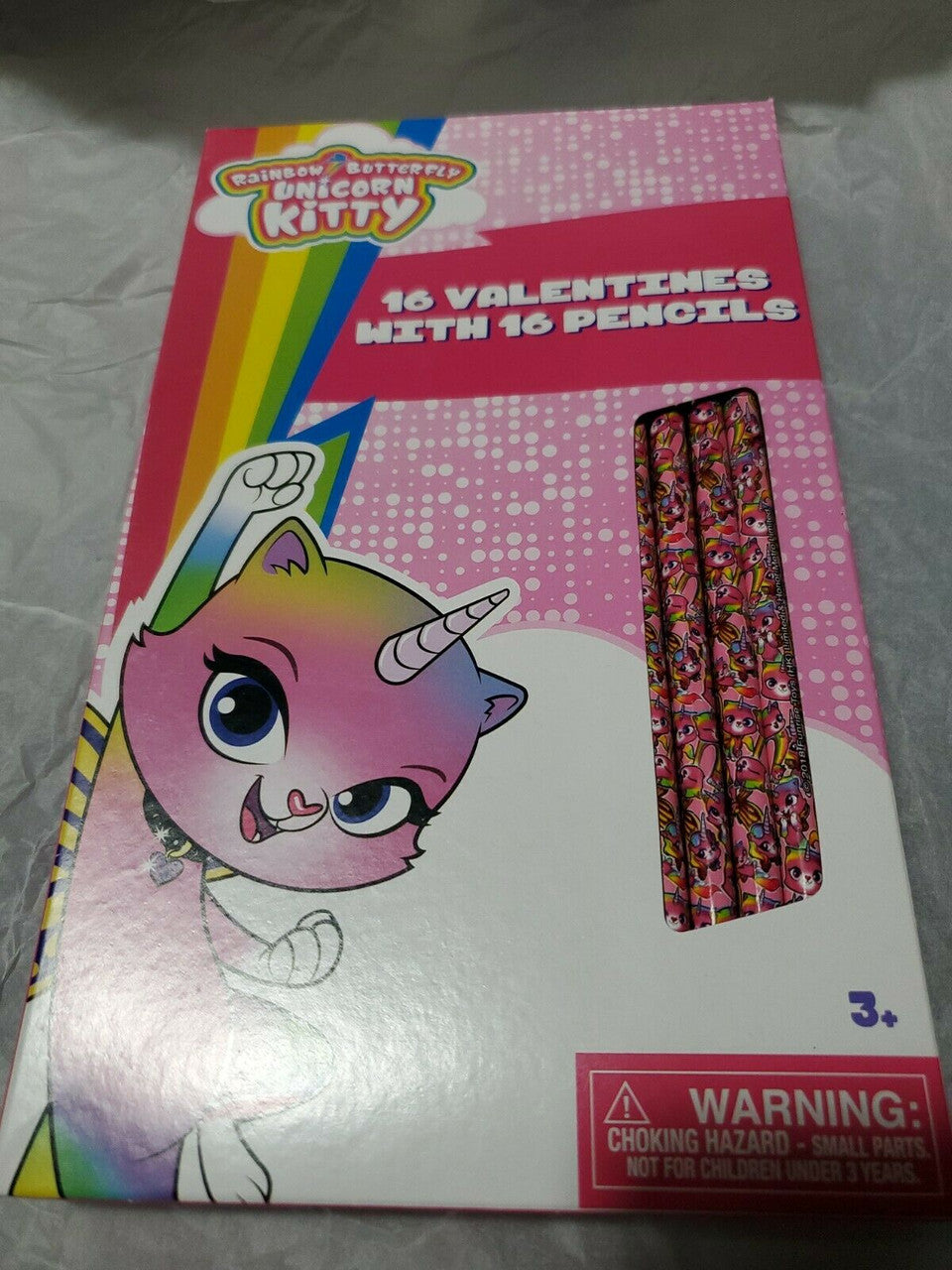 Unicorn Kitty Rainbow  Butterfly 16 Valentines with 16 Pencils
