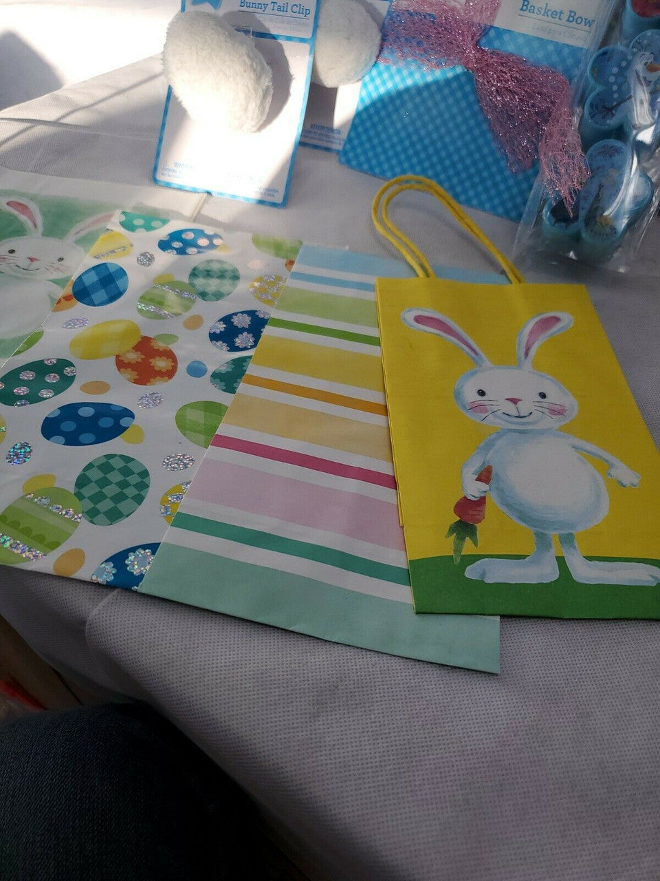 Easter Decorations Bags Bunny Tail Clip Basket Bow Bible Story lot of 13 items