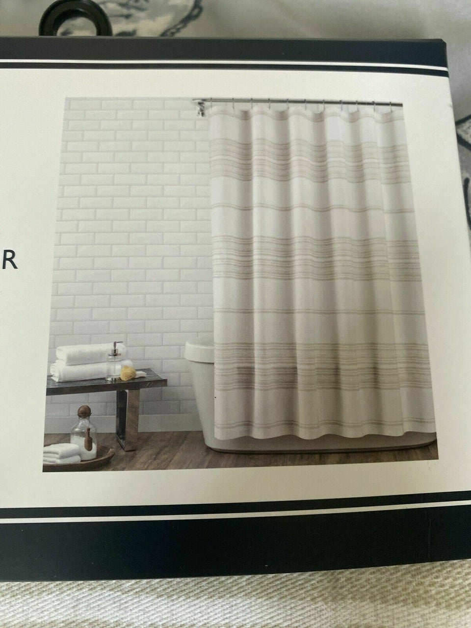 Tommy Hilfiger Classic Indigo Stripe Ivory Beige Fabric Shower Curtain 72x72