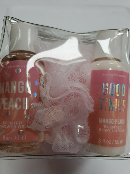 A clear plastic packaging containing two bottles of scented shower gel and body lotion with a pink label, a shaker, and a spray bottle, all with 'Mango Peach' scent branding.