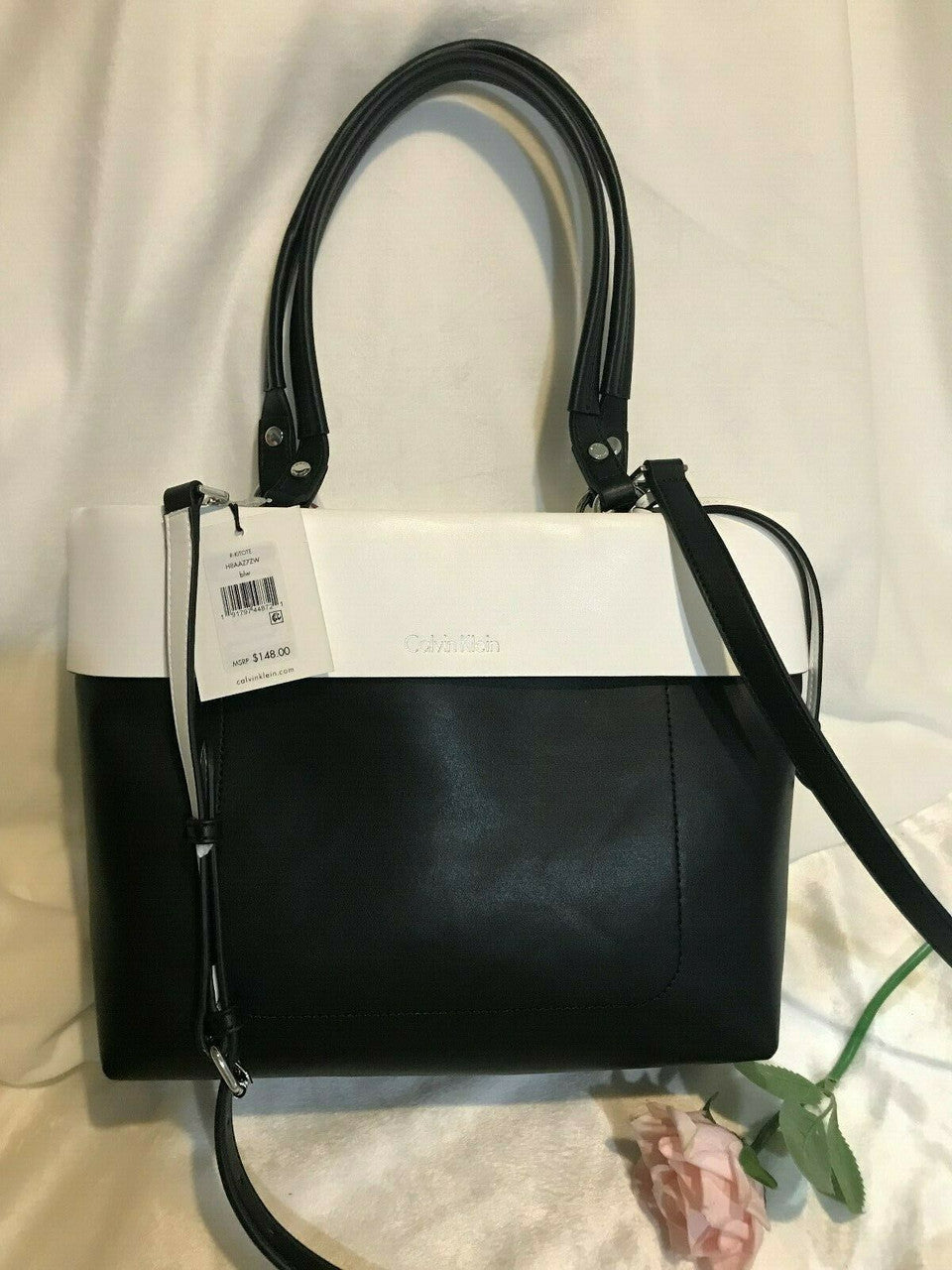 Calvin Klein Patty Faux Leather East / West Tote Fashion Bag Black White Travel