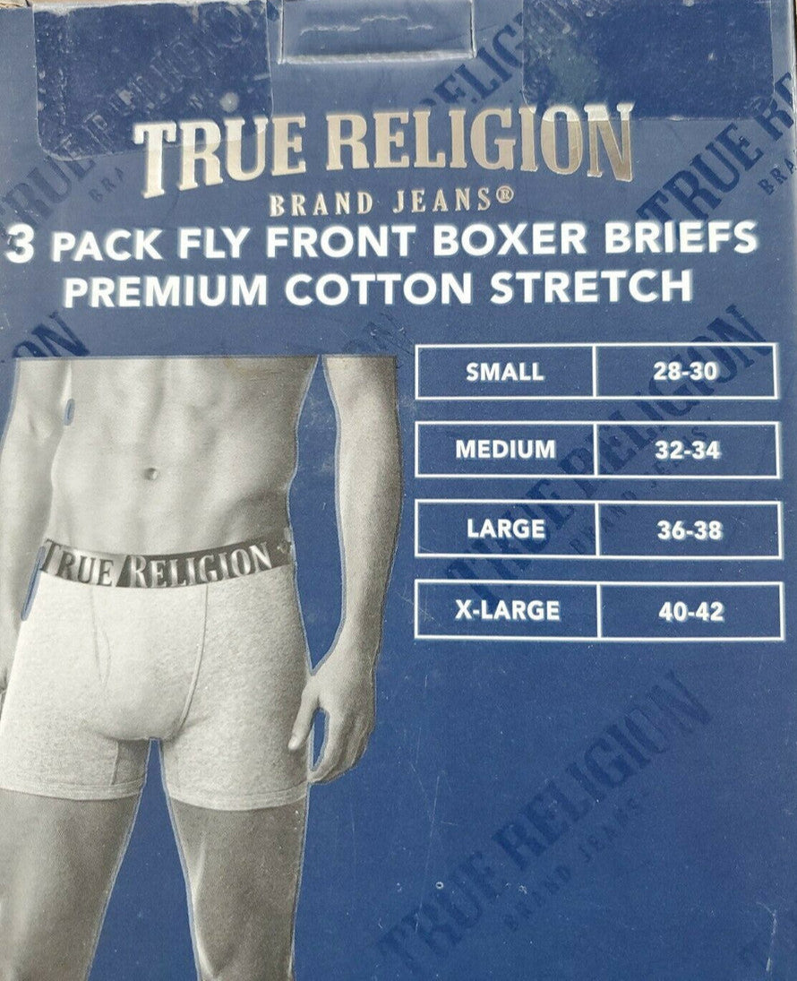 True Religion brand jeans packaging for 3-pack fly front boxer briefs with size chart on a blue background.