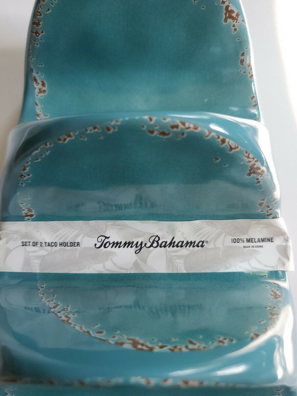 TOMMY BAHAMA Turquoise Melamine Crackle Taco Holder Tray Set of 2