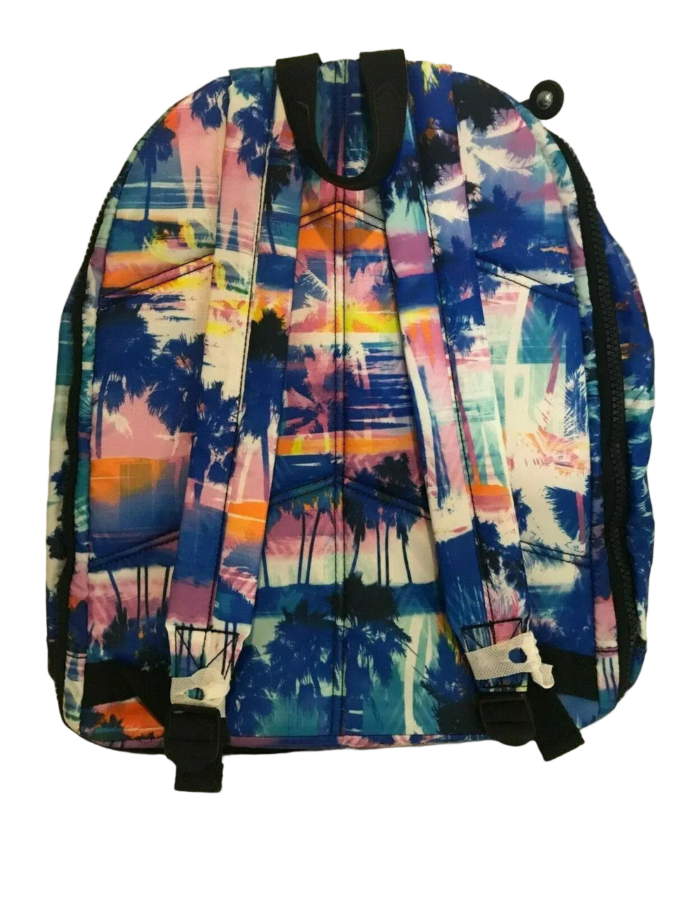 Backpack with colorful palm tree design on a plain background