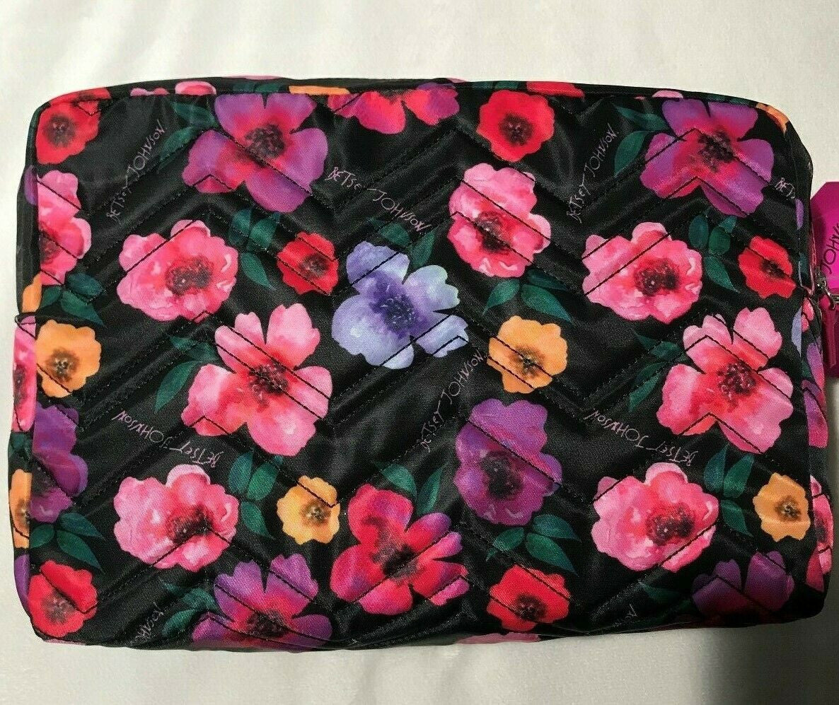 Betsey Johnson Double Zip Printed Pvc Cosmetic Travel Bag Blush Black Floral